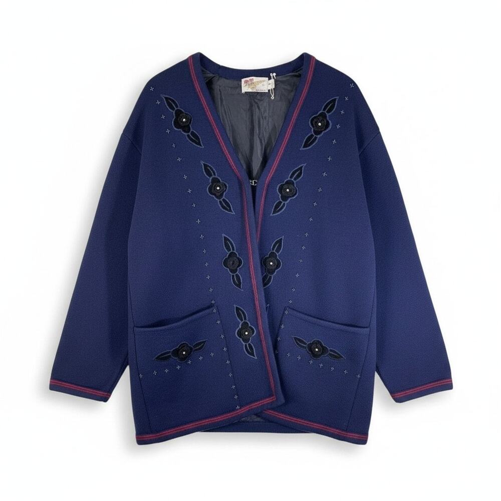 Vintage Womens Wool Coat Jacket Beaded Embroidered Floral Blue Floral Jinju Boho